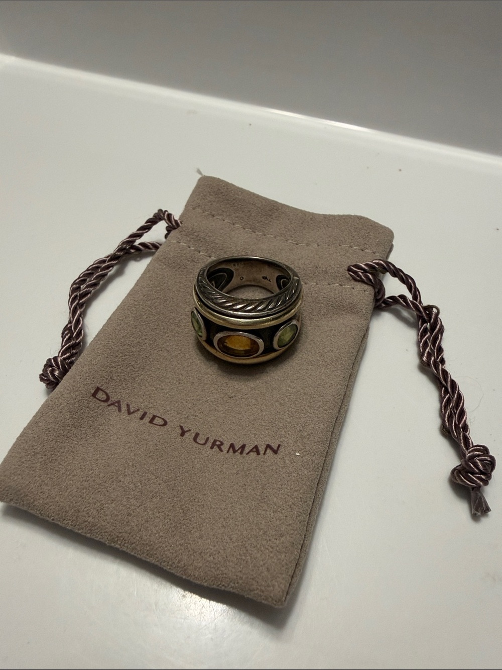 David Yurman Sterling Silver Multi-Gemstone Wide Band Ring - Green & Orange